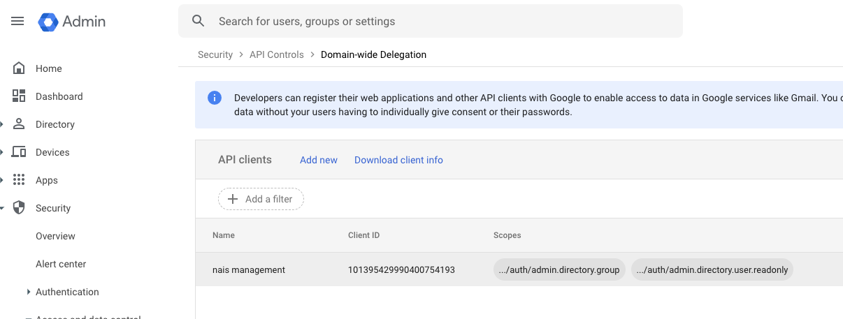 Screenshot of the Domain-wide Delegation screen in the Google Admin console